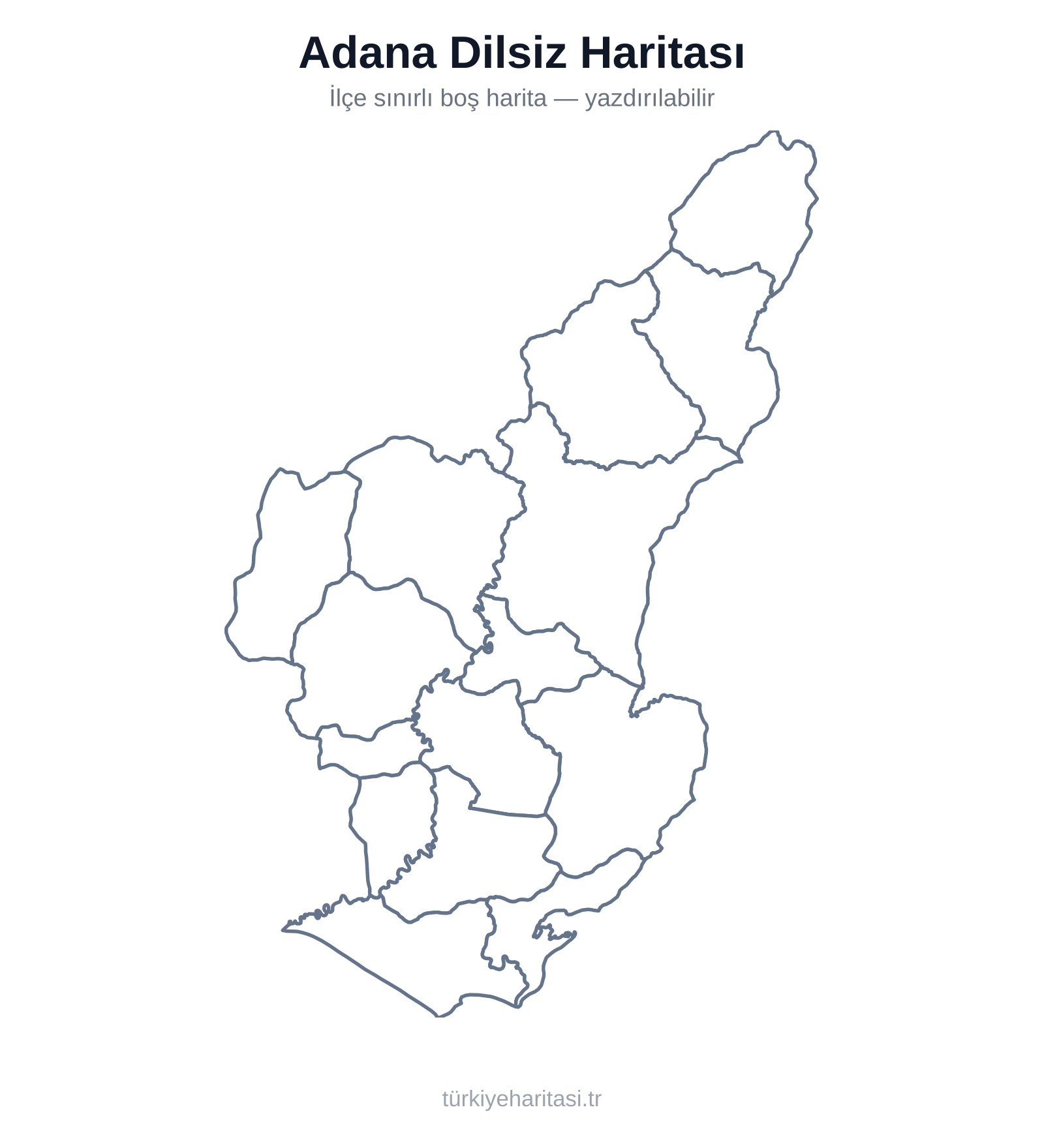 Adana Dilsiz Haritası — İlçe sınırlı boş (dilsiz) Adana haritası — yazdırılabilir