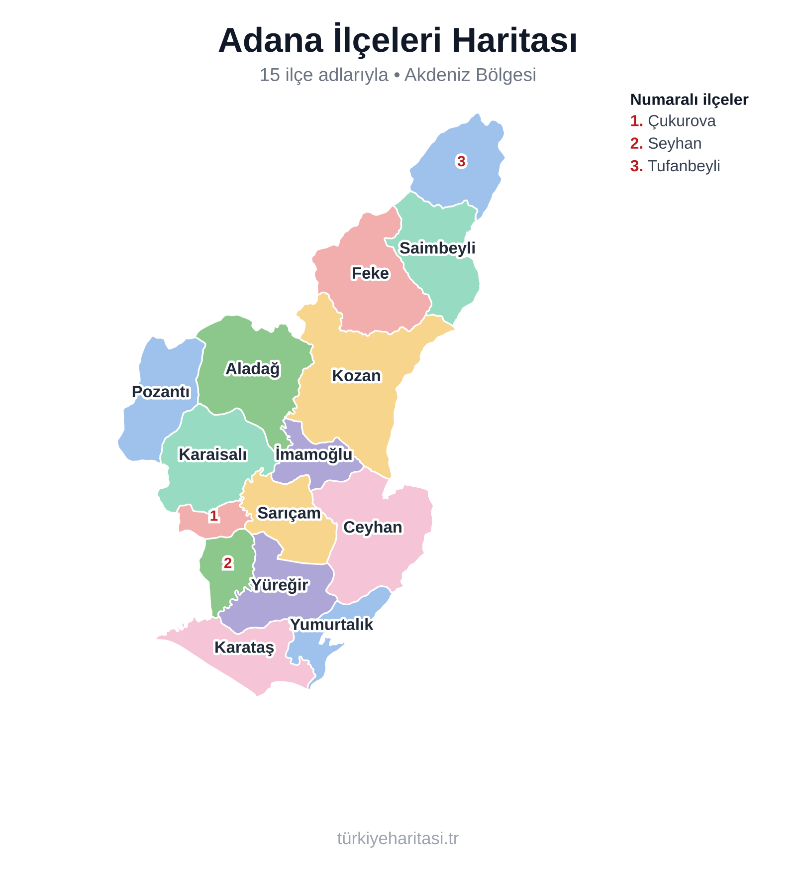 Adana İlçeleri Haritası (İsimli) — İlçe adları yazılı Adana ilçeleri haritası