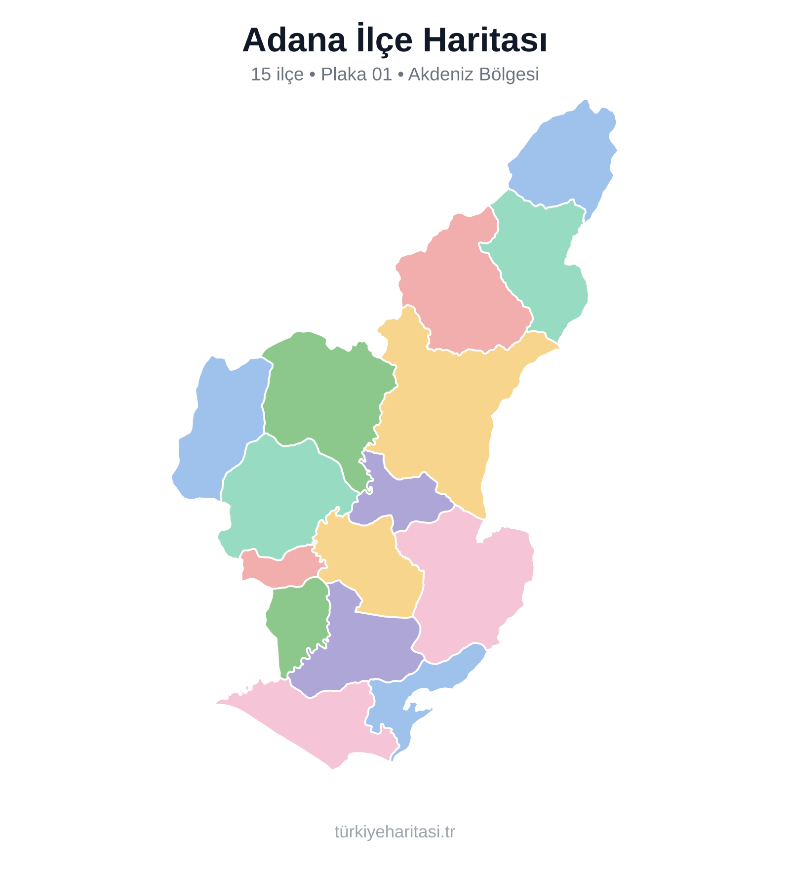 Adana İlçe Haritası — Adana ilinin 15 ilçesini renkli gösteren harita