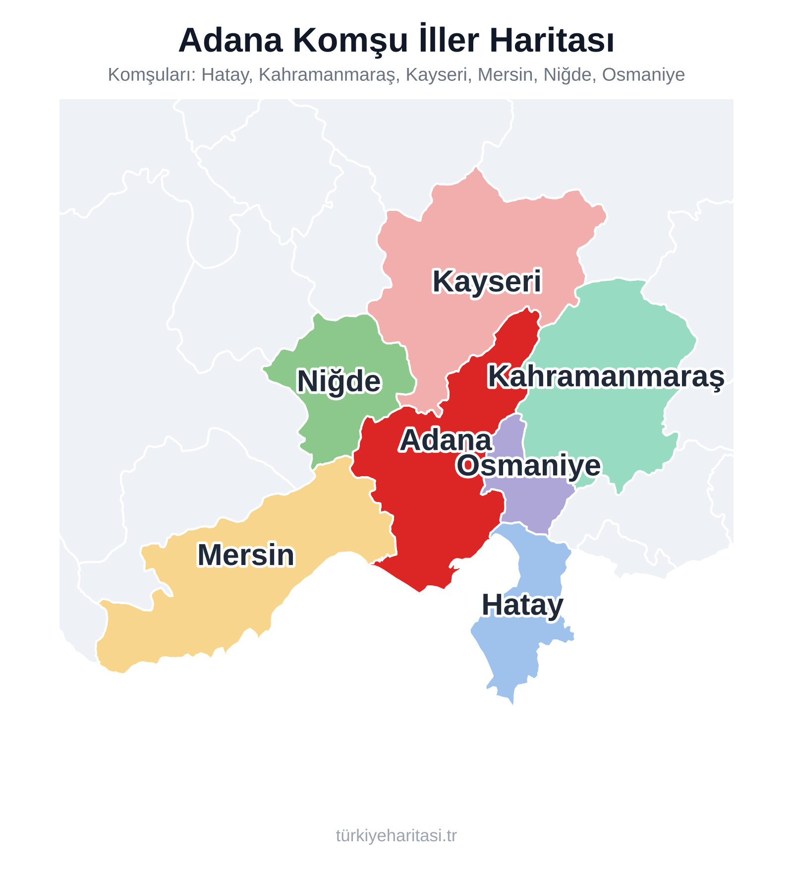 Adana Komşu İller Haritası — Adana ve komşu illerini adlarıyla gösteren harita