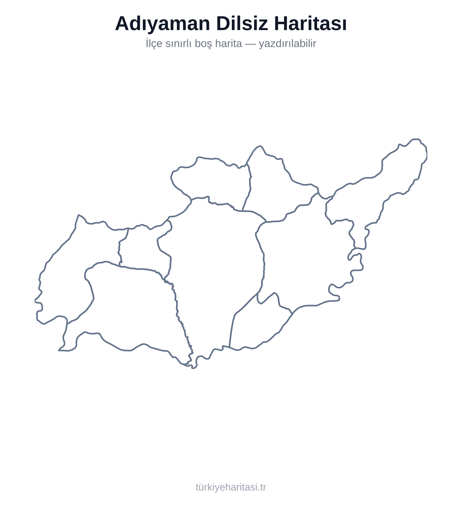 Adıyaman Dilsiz Haritası — İlçe sınırlı boş (dilsiz) Adıyaman haritası — yazdırılabilir