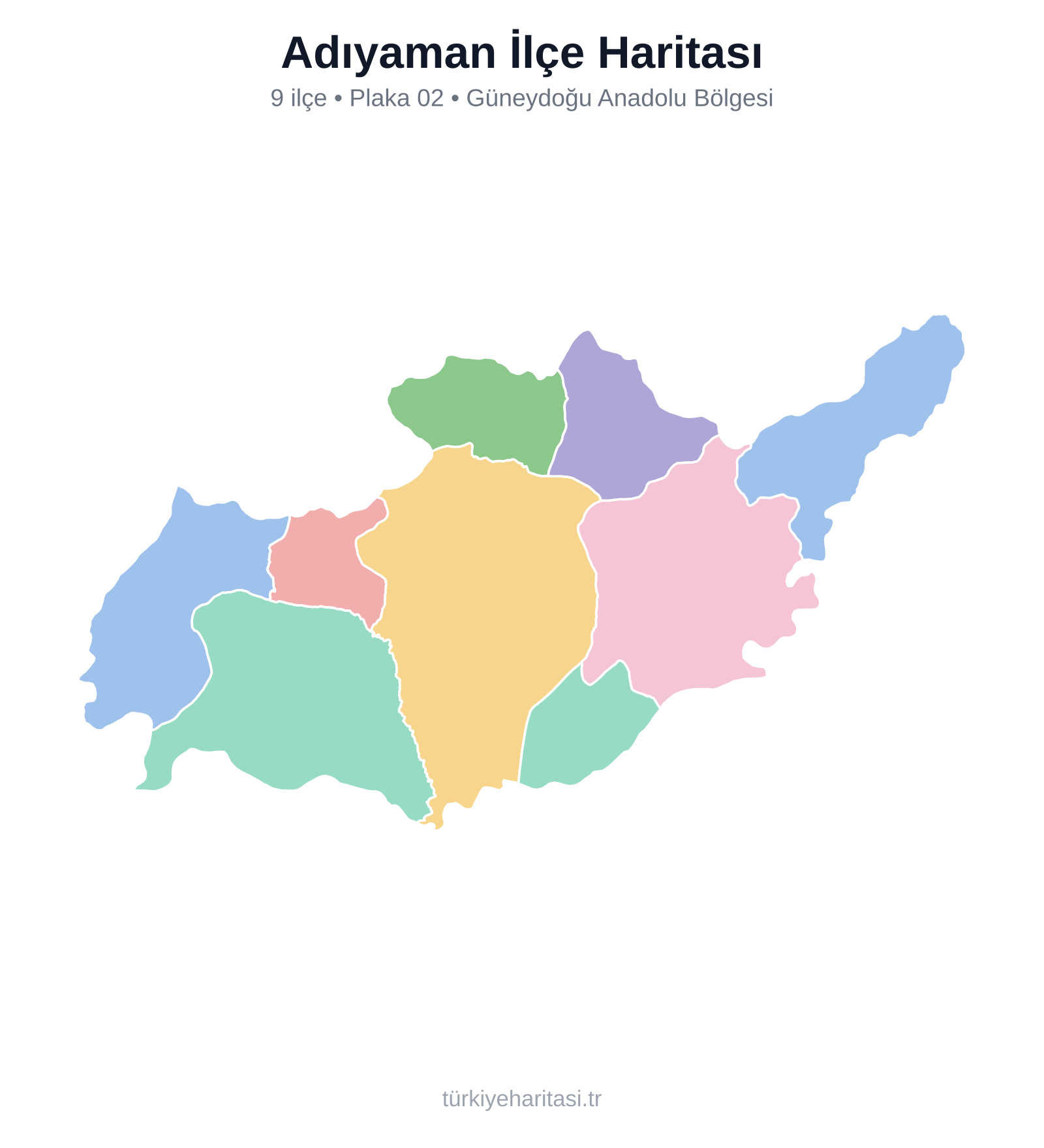 Adıyaman İlçe Haritası — Adıyaman ilinin 9 ilçesini renkli gösteren harita