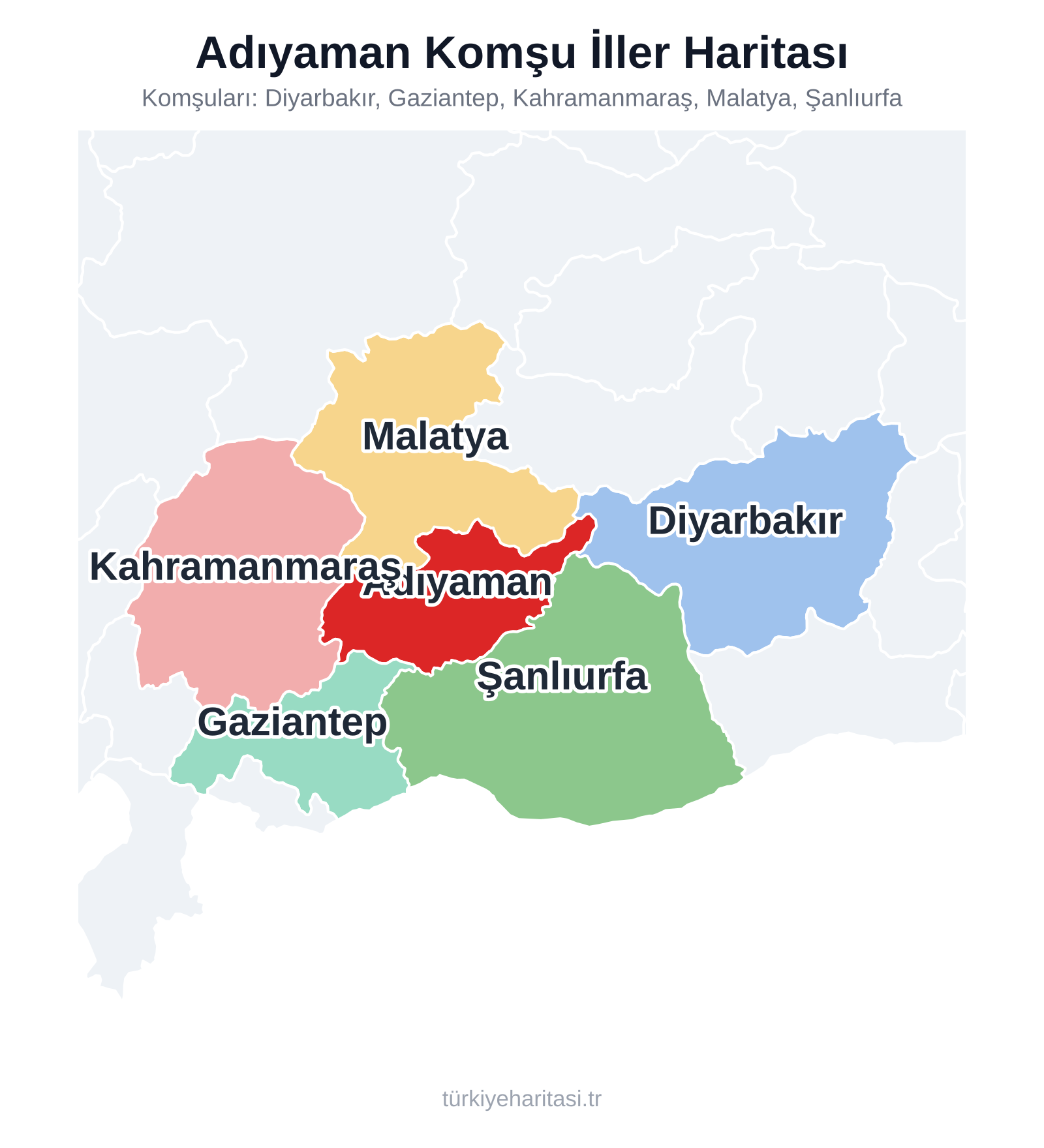 Adıyaman Komşu İller Haritası — Adıyaman ve komşu illerini adlarıyla gösteren harita